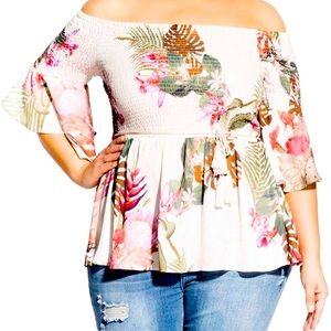 City Chic Womens Top Size 14 Paradise Palm Off-the-Shoulder Smocked